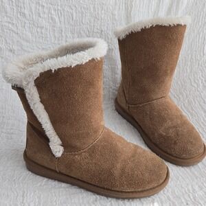 Minnetonka Winter Boots Women's Size 6 Brown Mid Calf‎ Suede Faux Fur Slip On